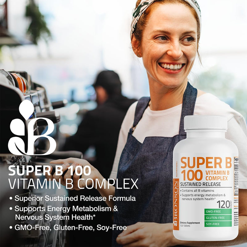 Bronson Super B100 Vitamin B Complex Sustained Release, 250 Tablets | B1, B2, B3, B6, Folic Acid, B12, Biotin & Pantothenic Acid, Energy & Nerve Support, Non-GMO, Gluten-Free & Soy-Free Unflavored 250 Count (Pack of 1)