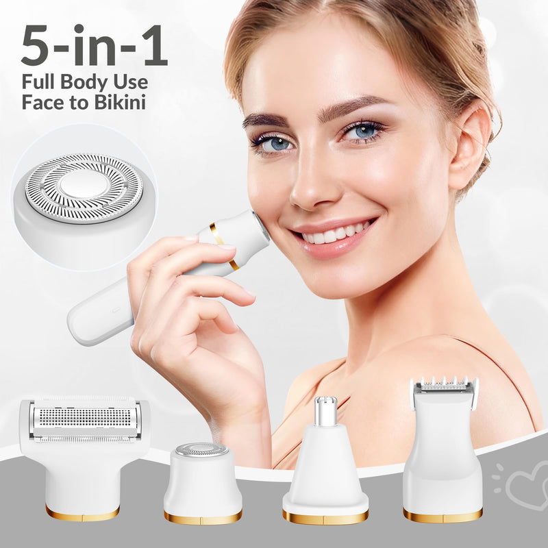 KINGTEE 5-in-1 Electric Bikini Trimmer for Women – IPX7 Waterproof Shaver, Cordless Body & Facial Razors for Women, Ceramic Blades, USB-C Rechargeable, Painless Hair Removal Kit (White) White