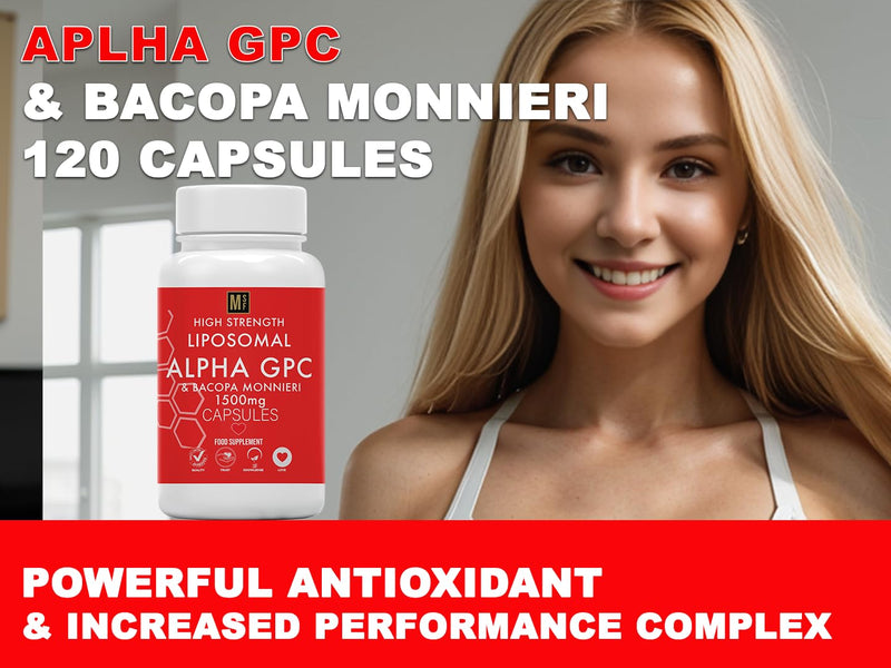 Alpha GPC & Bacopa Monnieri 1500mg | 120 Capsules High Strength Liposomal Max Absorbtion Alpha-GPC Choline Supplement Memory, Focus Brain Support