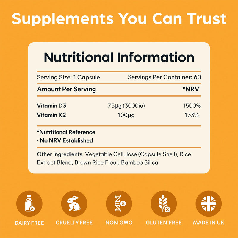Purolabs Vitamin D3 3000iu & K2 100ug (MK7) - High Strength Vitamin D Supplement for Immune Support, Mood & Bone Health - Vitamin D3 K2 Vegetarian Capsules - Vitamin D Tablets 60 Count