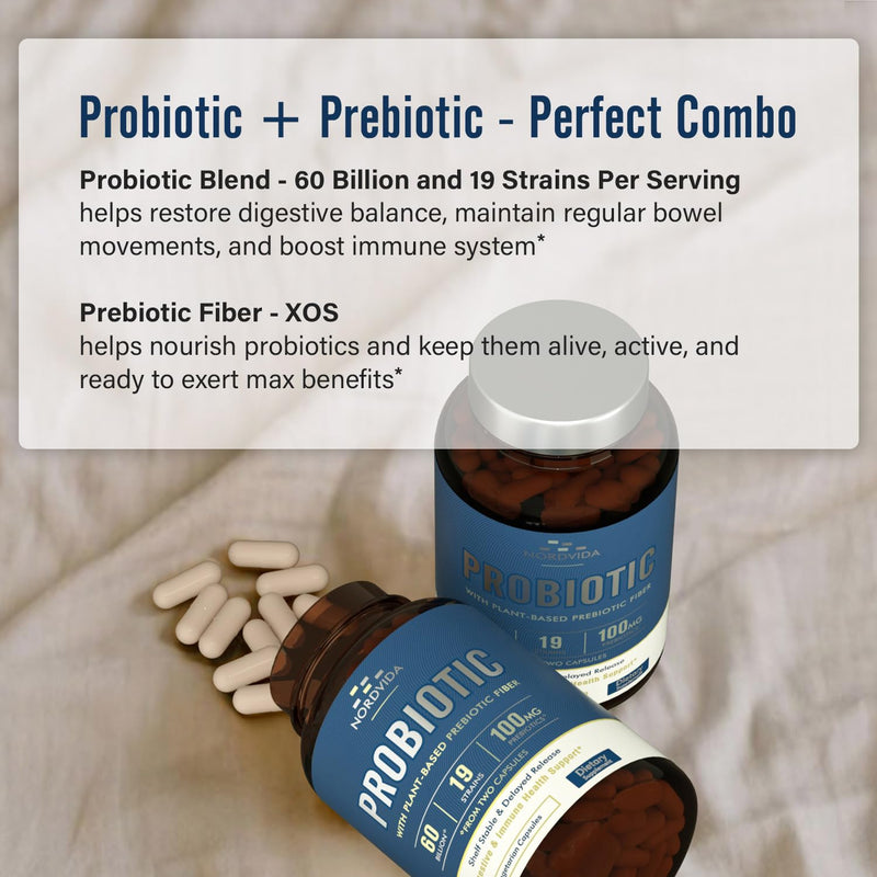 [Australia] - Probiotic 60 Billion 19 Strains with Organic Prebiotic for Men & Women, Digestive & Immune Health, Shelf Stable Delayed Release, Non-GMO No Dairy, 60 Vegan Caps 60 Billion CFUs for Men and Women 