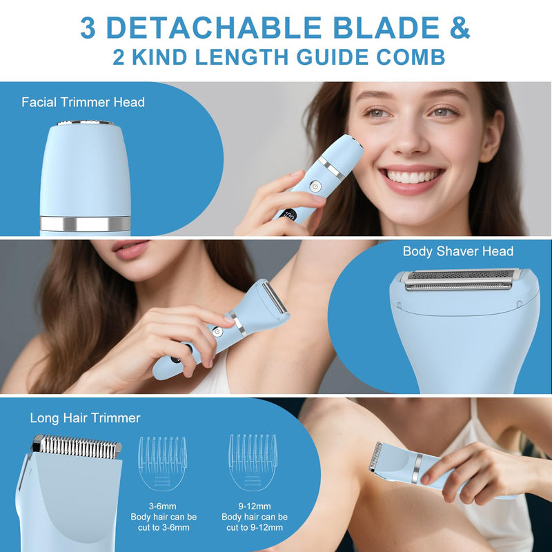 [Australia] - 3-in-1 Electric Razor IPX7 Waterproof Bikini Trimmer Wet & Dry Use Painless Personal Trimmer Groomer for Ladies Face Body Legs Bikini Public Hairs Electric Lady Shaver with Replaceable Heads 