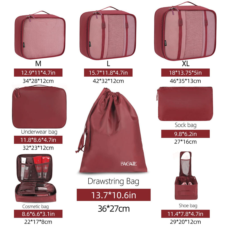 BAGAIL 8 Set Packing Cubes Luggage Packing Organizers for Travel Accessories-Wine Red Wine Red