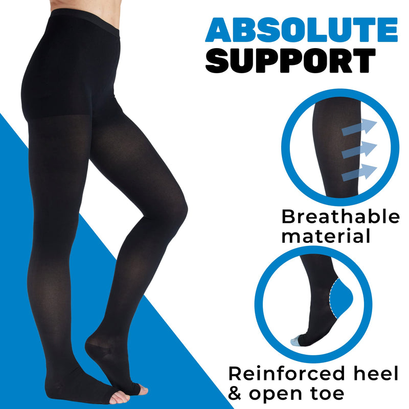 [Australia] - ABSOLUTE SUPPORT Compression Tights for Women 20-30mmHg with Open Toe - Opaque Graduated Support Pantyhose for Swelling, Edema, Varicose Veins Circulation during Pregnancy - Black, Large - A214BL3 