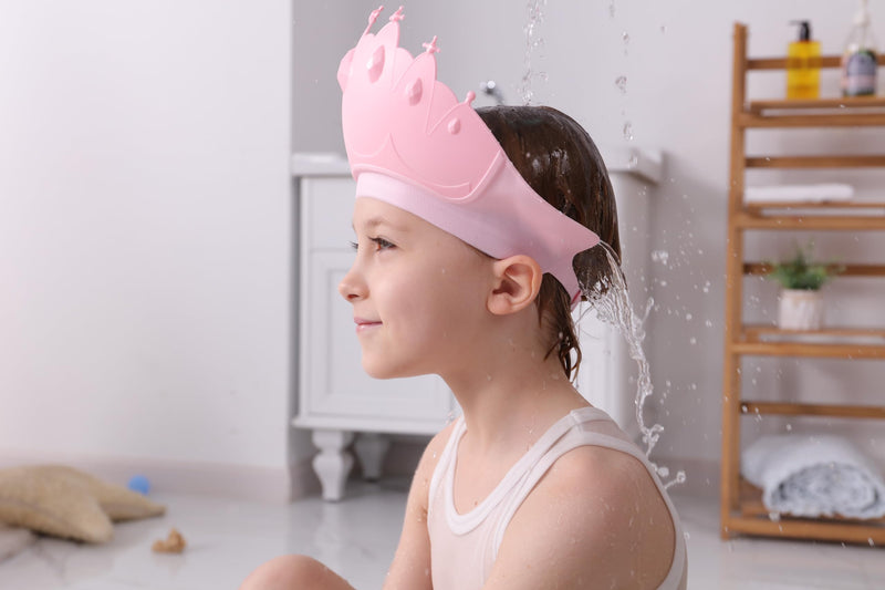 [Australia] - Baby Shower Cap Shield, Baby bath set shower cap/water cup/massage brush,Visor Hat for Eye and Ear Protection for 0-9 Years Old Children,Cute Crown Shape Makes the Baby Bath More Fun (Pink) Pink 