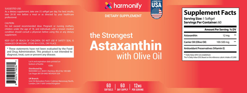 Astaxanthin 12mg, Vegan Supplement with Olive Oil, Microalgae-Based, 60 Softgels