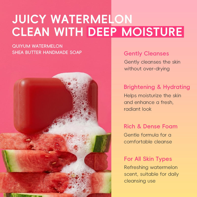 QUIYUM Watermelon Shea Butter Handmade Soap, 3-in-1 Face & Body Bar Soap | Niacinamide, Vitamin E & Jojoba Oil, Hydrating and Glowing Daily Cleanser for All Skin Types, Refreshing Fruity Scent