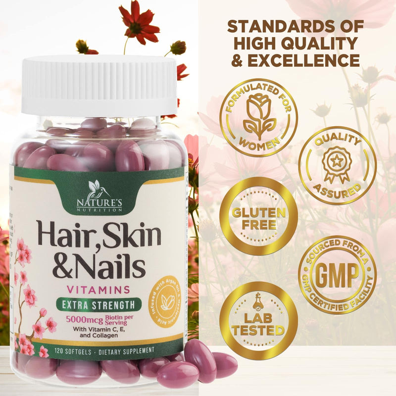 Hair Skin and Nails Vitamins for Hair Growth - Biotin 5000mcg Per Serving - Extra Strength Collagen, Argan Oil & Hyaluronic Acid - Best Beauty Supplement for Women & Men - USA Bottled - 120 Softgels 120 Count (Pack of 1)
