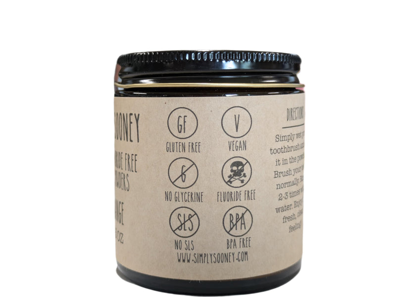 Simply Sooney Glass Jar Vegan Fluoride Free Remineralizing Tooth Powder Kid Safe Orange I Organic Ingredients