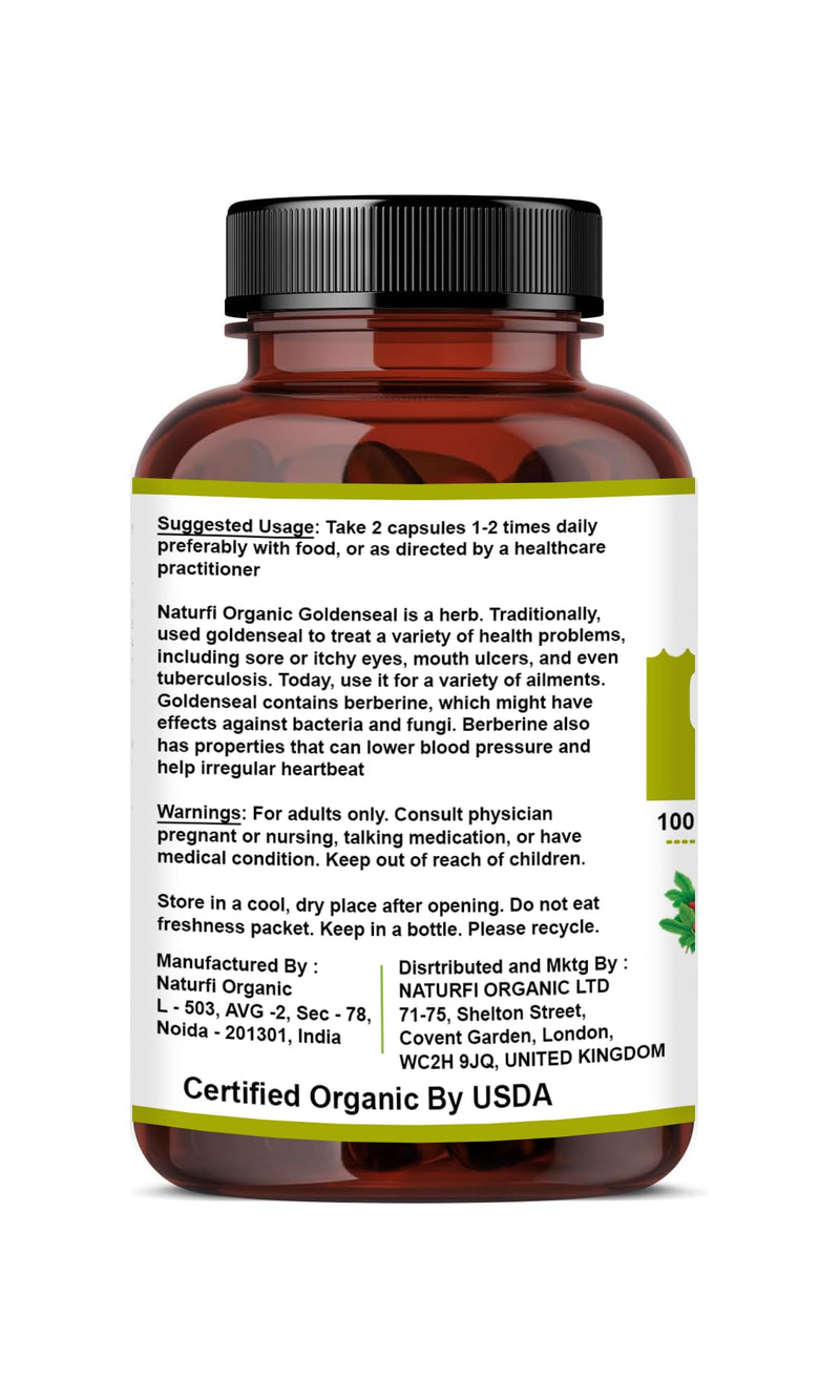 Naturfi Organic Goldenseal Root Capsules, 90 Capsules, USDA Organic, Lab Tested, Pure Natural Goldenseal Root Powder Supplement 90 Capsules (Pack of 1)