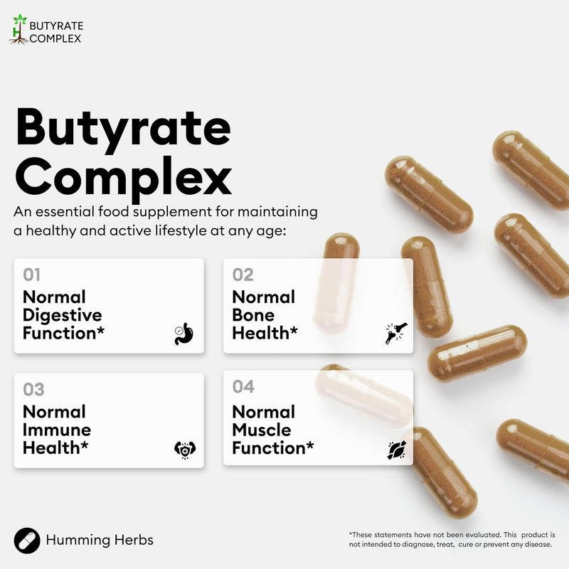 Humming Herbs Butyrate Complex | Calcium & Magnesium Butyrate Salts | 1000mg per Serving | 120 Vegan Capsules | 60 Day Supply | Mineral Salt Formula