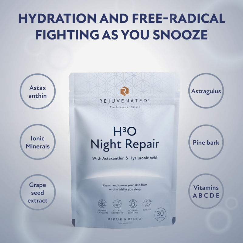 Rejuvenated H3O Night Repair - Antioxidants, Vitamins & Hyaluronic Acid Blend for Skin Hydration & Repair During Sleep with Astaxanthin & Hyaluronic Acid (30 Capsules) H30 Night Repair 30 count (Pack of 1)