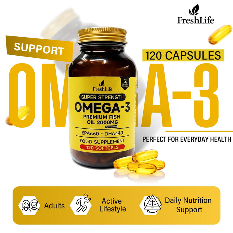 FreshLife Omega-3 Fish Oil – Ultra Pure Super Strength 2000mg – 120 Softgels –Powerful EPA 660mg & DHA 440mg – Everyday Heart, Brain & Vision Care – Premium Food Supplement in Elegant Glass Bottle