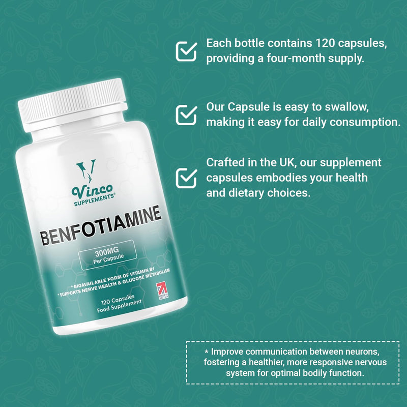 Vinco Benfotiamine 300mg - Vitamin B1 Thiamine High Strength for Heart & Kidney Support, 120 Vegan Capsules, Enhanced Cognitive Function, Energy & Antioxidants, Gluten & Allergen-Free - Made in UK