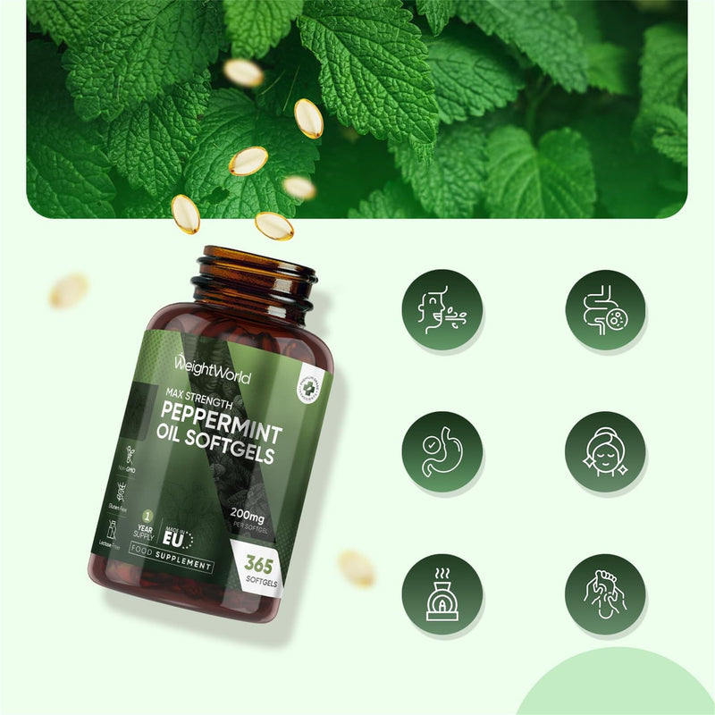 Peppermint Oil Capsules 200mg - 1 Year Supply - 365 Softgels - 1 Per Day - Easy to Consume - Peppermint Oil Softgels - Lactose-Free & Gluten-Free Supplement - Non-GMO & GMP-Approved