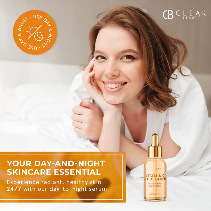 Clear Beauty Vitamin C Serum For Face with Collagen – Dermatologist Tested, Anti Aging, Korean Skin Care – Hydrates, Firms, Targets Dark Spots & Supports Skin Barrier – Vegan, Clean Beauty, 1.69 Fl Oz Vitamin C & Vegan Collagen