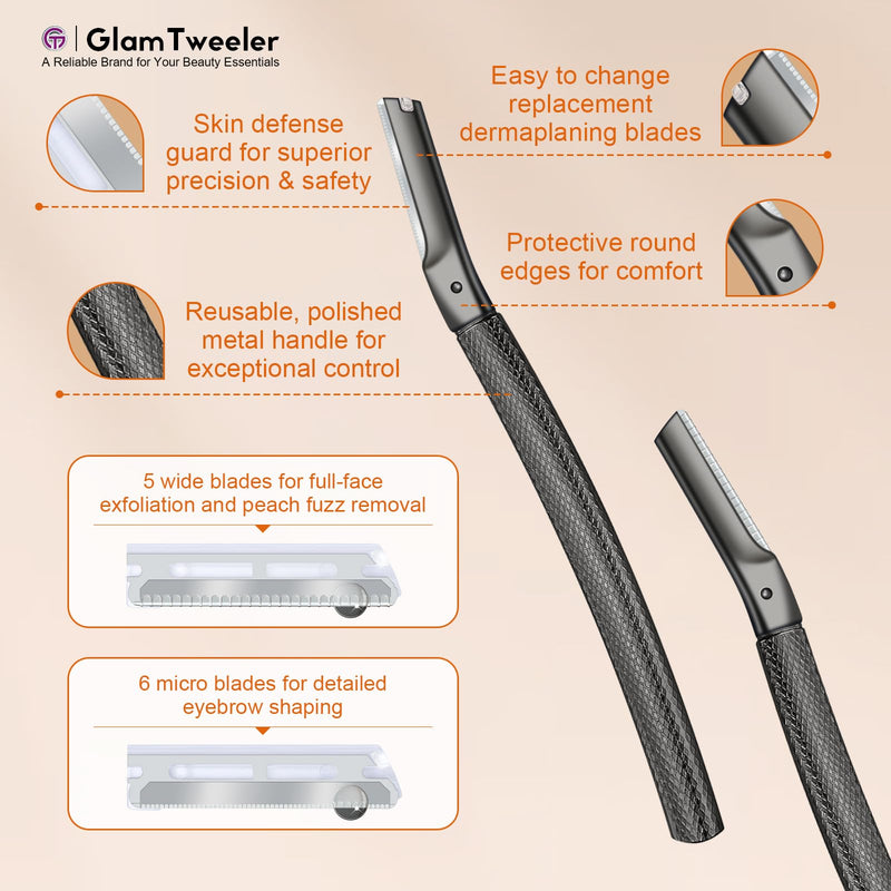 Women's Dermaplane Face & Eyebrow Razor Kit with GlamTweeler Slant Tweezers, Spoolie Brush, and Luxury Leather Storage & Travel Case + 10 Refill Blades (Black) Black