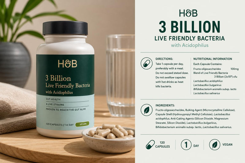 Holland & Barrett 3 Billion Live Friendly Bacteria with Acidophilus – Gut Health Probiotic Supplement, 4 Live Strains, Proven to Reach the Gut Alive, Vegan, 120 Capsules, 1 A Day