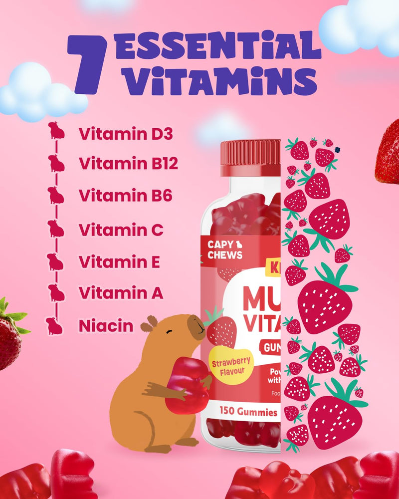 Kids Multivitamin Gummies – 5 Month Supply - 150 Gummies - Packed with Essential Vitamins & Nutrients - Chewable Multivitamins for Children - with Vitamin C, D3, A, E, B6 & B12 - Strawberry Flavour