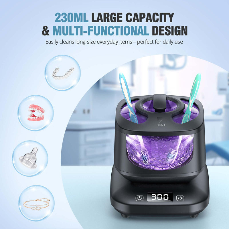 [Australia] - Ultrasonic Retainer Cleaner, Detachable 45kHz Retainer Cleaner Machine 3 Modes Dental Cleaning Pod with Visible Window Digital Timer for Mouth Guard, Dentures, Aligner, Braces, Jewelry - Black 