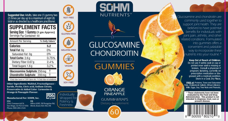 SOHM Glucosamine 250mg and Chondrotin 200mg Gummies 60 Count Individually Wrapped, Supports Joints Health and Bones Health, Glucosamine Chondroitin High Strength Gummies for Mens and Women
