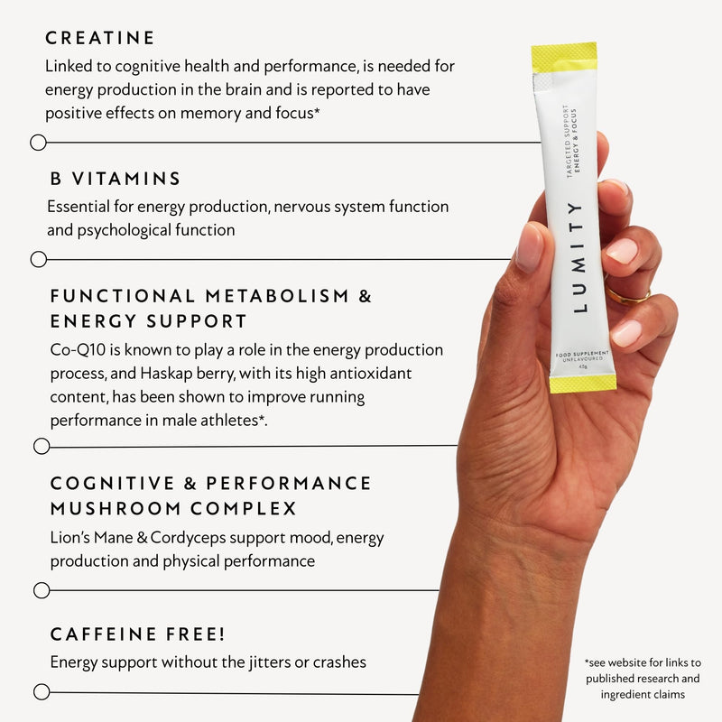 Lumity Energy & Focus Powder Multivitamin with Vitamin B6 & B12 & Lions Mane - Minerals, Biotin & Creatine Monohydrate for Cognitive Function, Enhanced Performance - Caffeine Free (14 Sachets)
