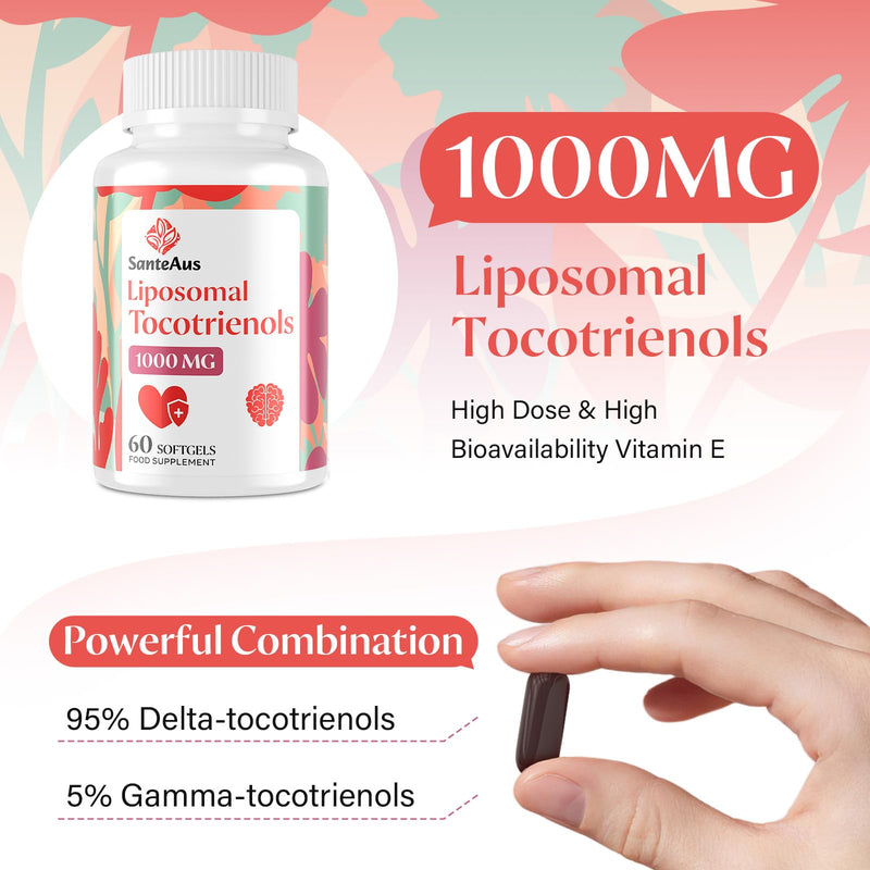 Liposomal Tocotrienols Supplement 1000mg, Vitamin E, High Bioavailability, 95% Delta & 5% Gamma Tocotrienol Capsules, for Immune, Bone, Skin, and Antioxidant Support, No Fillers, No Soy 60 count (Pack of 1)