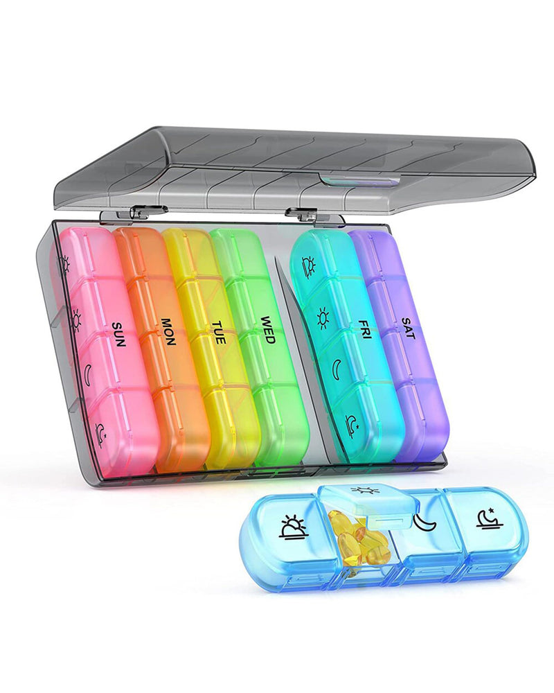 SPRING SEAON Weekly Pill Organizer Travel Pill Case Vitamins Box for Pills 3 Times a Day Extra Large Capacity Durable Hinge Easy Open Lids Medicine Container (Black & Colorful Options) White