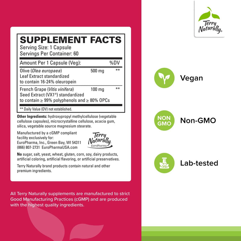 Terry Naturally Blood Pressure Health - Heart Support - 60 Count | French Grape Seed VX1. Healthy Blood Pressure, Blood Flow and Circulation Support. 60 capsules.
