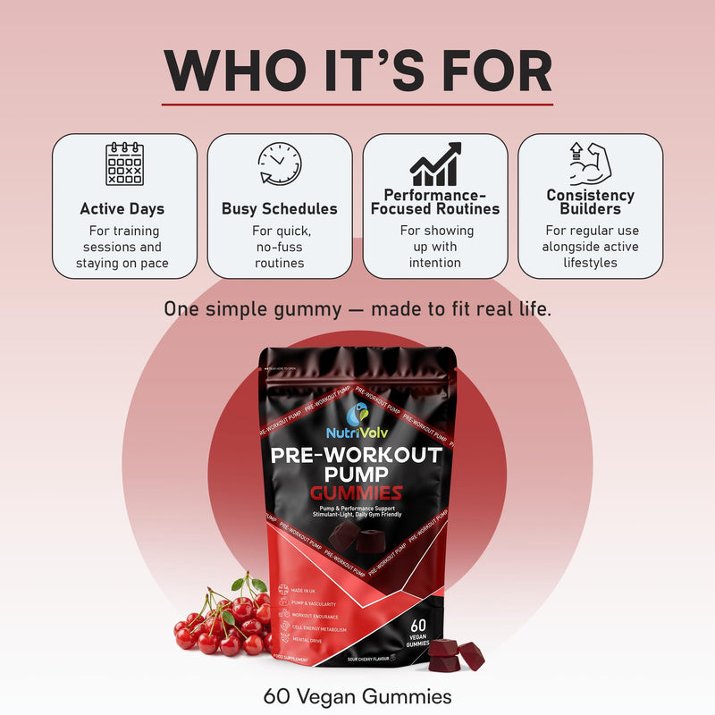 Pre-Workout Pump Gummies | 60 Vegan Gummies | L-Citrulline, Alanine, Beetroot, Ginseng & B12 | No Added Caffeine Pump & Energy Support, Fast-Acting | Sour Cherry | 30 Servings | UK Made | by NutriVolv