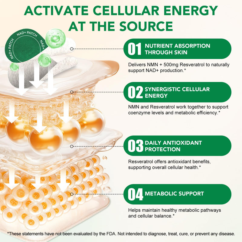 NAD+ Patches - Cell Regeneration Support - Botanical Plant-Based Formula with Resveratrol & Lion's Mane - 30 Vegan Patches