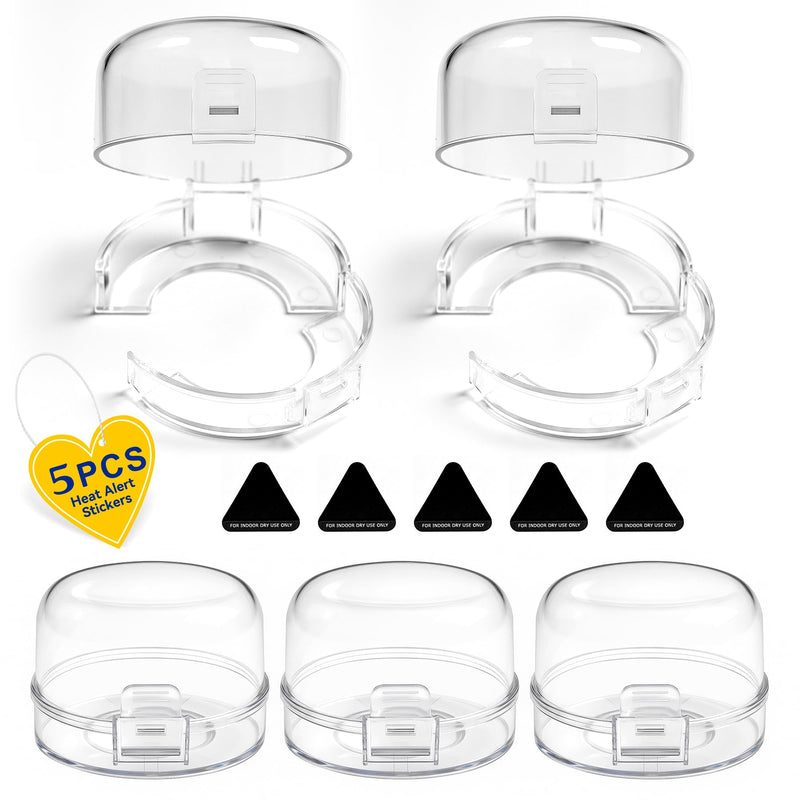[Australia] - Stove Knob Safety Covers, 5Pcs Universal Size with 5 Heat Alert Stickers Oven Knob Covers for Child Safety, 2nd Gen Kitchen Burner Childproofing, Gas Stove Knob Locks for Kid Baby Pet (Clear) Clear 