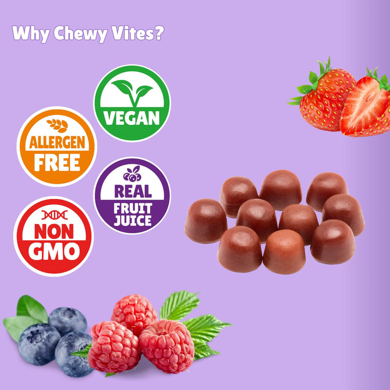 Chewy Vites Adult Night Support, 60 Non-Melatonin Gummies with 5-HTP, Magnesium, Theanine, Chamomile, Lavender, Herbal Night Time Gummies, 1 Months Supply, Berries Flavour
