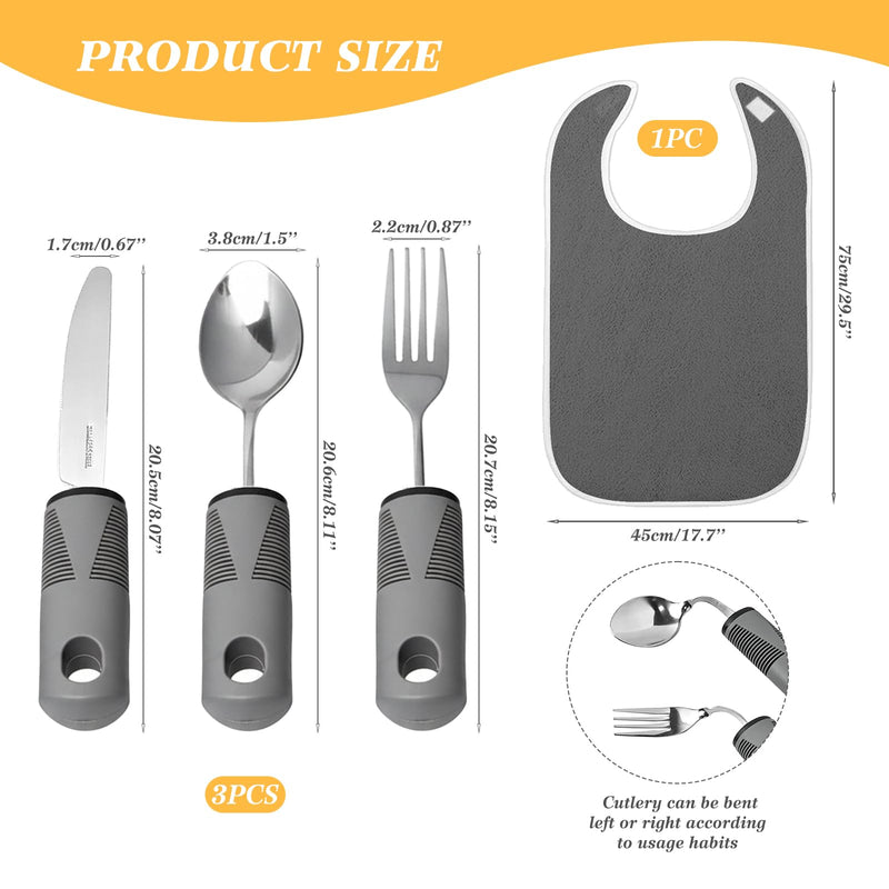 Adult Bibs and Twistable Cutlery with Chunky Handles Utensils Set for Elderly Arthritic Disabled Reuasable Clothing Protector and Meal Aids