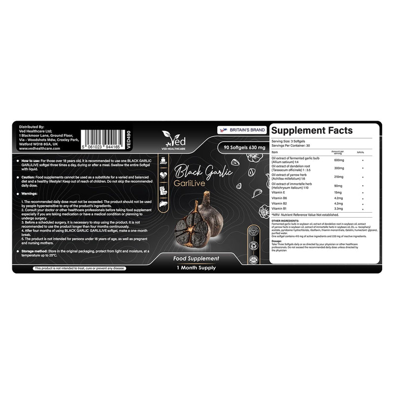 VED GarliLive, 90 Softgels, Fermented & Odourless Black Garlic Supplement with Dandelion Root, Yarrow herb, Immortelle herb, Vitamin E, B6, B2 & B1, Non-GMO, Halal, 3 Softgels per Day.