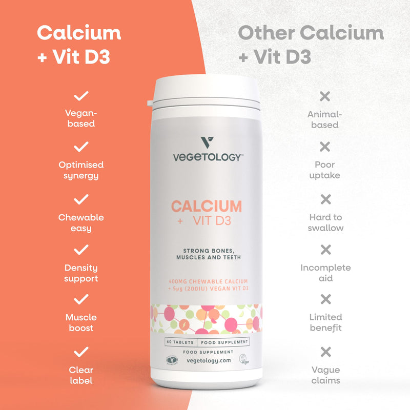 Vegetology Calcium Tablets and Vitamin D3, Chewable Vegan Supplement, Helps Maintain Strong Bones and Support Muscle Function, 60 Count, Age 11+