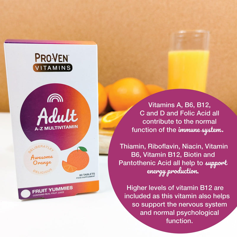 Pro-Ven Multivitamin Chewable Tablets for Men & Women - 60 Orange Flavoured A-Z Multivitamins - 100% NRV - 13 Essential Vitamins inc D, C, A + B for Energy, Immune & Bone Health Daily