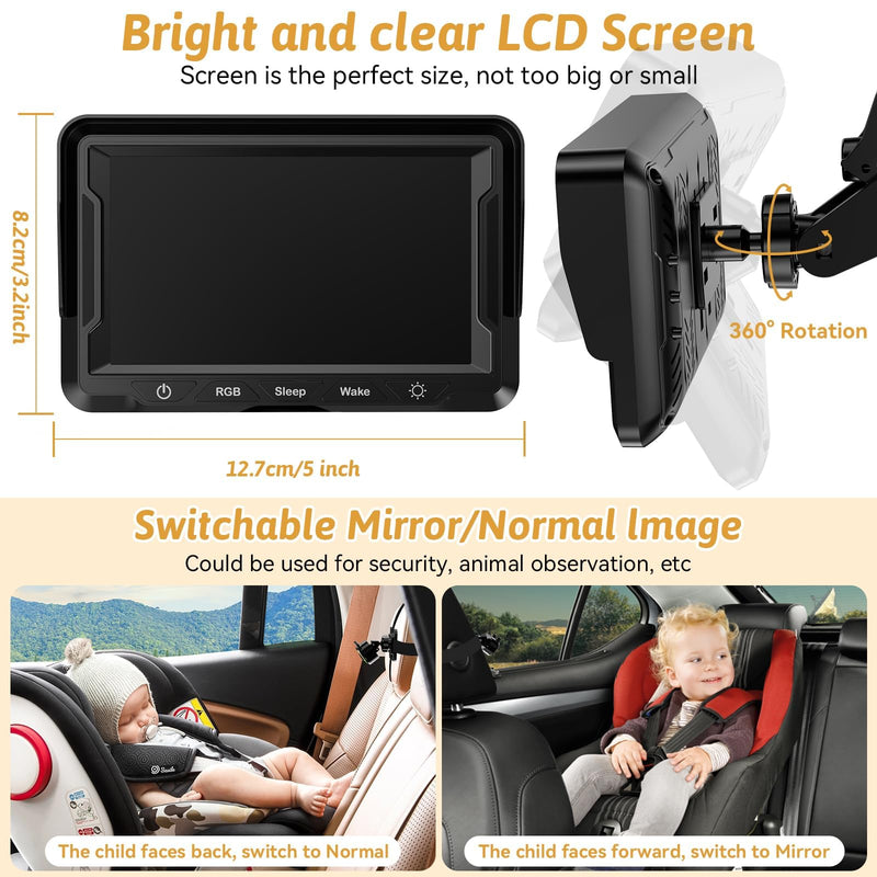 [Australia] - Baby Car Camera for Backseat – HD 1080P, 150° Wide Angle, Night Vision, Easy Installation, Adjustable LED Light, 4.3” LCD Display, Anti-Glare Black-Standard 