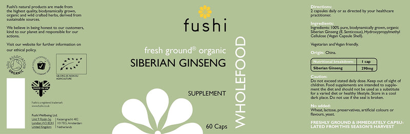 Fushi Organic Siberian Ginseng Capsules, 60 Caps | Fresh-Ground Whole Food | Strengthens Immune System, Purifies Blood, Stimulates Digestion | Ethical & Vegan | Manufactured in the UK
