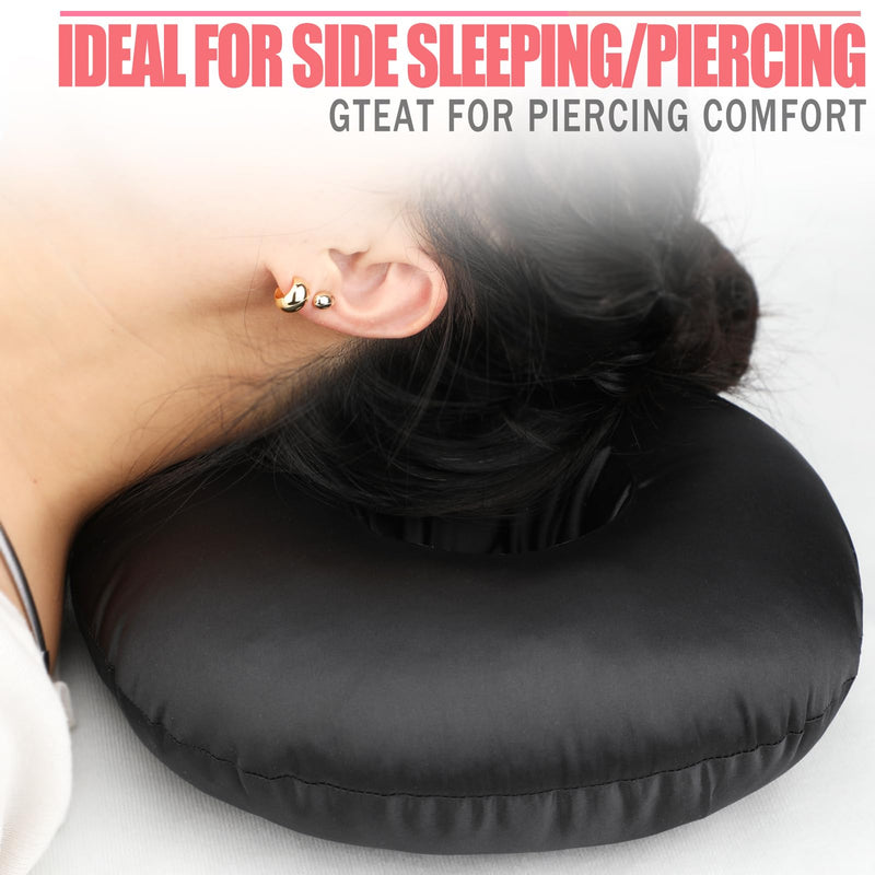 [Australia] - Satin Ear Piercing Pillow for Side Sleepers Silky Piercing Pillows with Ear Hole Support Head Ear Pain Sore Relief Pressure Sore Cushion Guard Black 