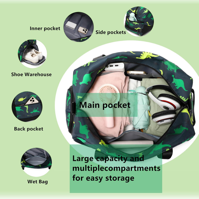 Lmwzh Kids Duffle Bag For Boys Perfect For Early Elementary Overnight Travel Bag With Shoes Compartment Dry And Wet Pocket Carry On Weekender Bag (Dinosaur) Dinosaur
