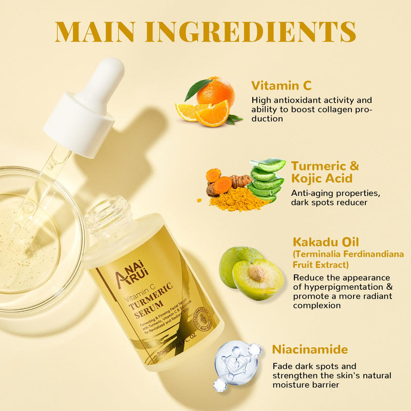 ANAI RUI Turmeric Vitamin C Face Serum, 1.05 FL.OZ | Glowing Turmeric Facial Serum, Anti-Aging Facial Serum for Wrinkles, Evening Tone, Moisturizing
