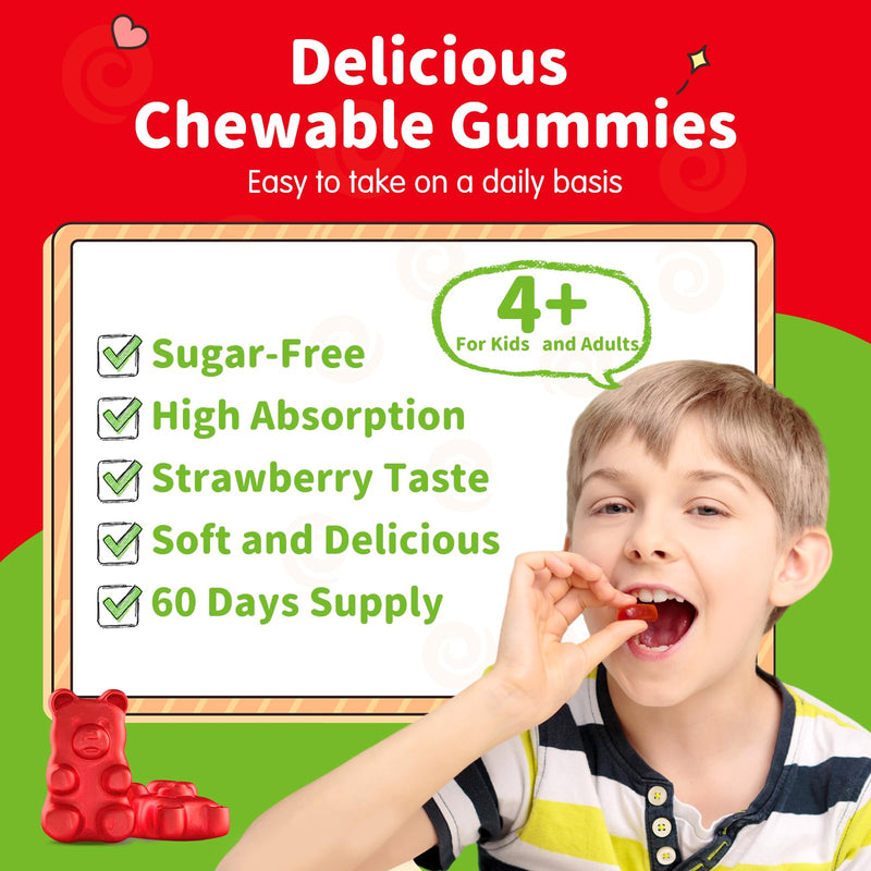 Magnesium Gummies for Kids - Magnesium Glycinate Gummies Supplement with L-Theanine, Vitamin B6, D3 for Kids & Adults Sleep, Calm, Relaxation, Brain, Bones, Sugar Free Strawberry 60ct 60 Count (Pack of 1)
