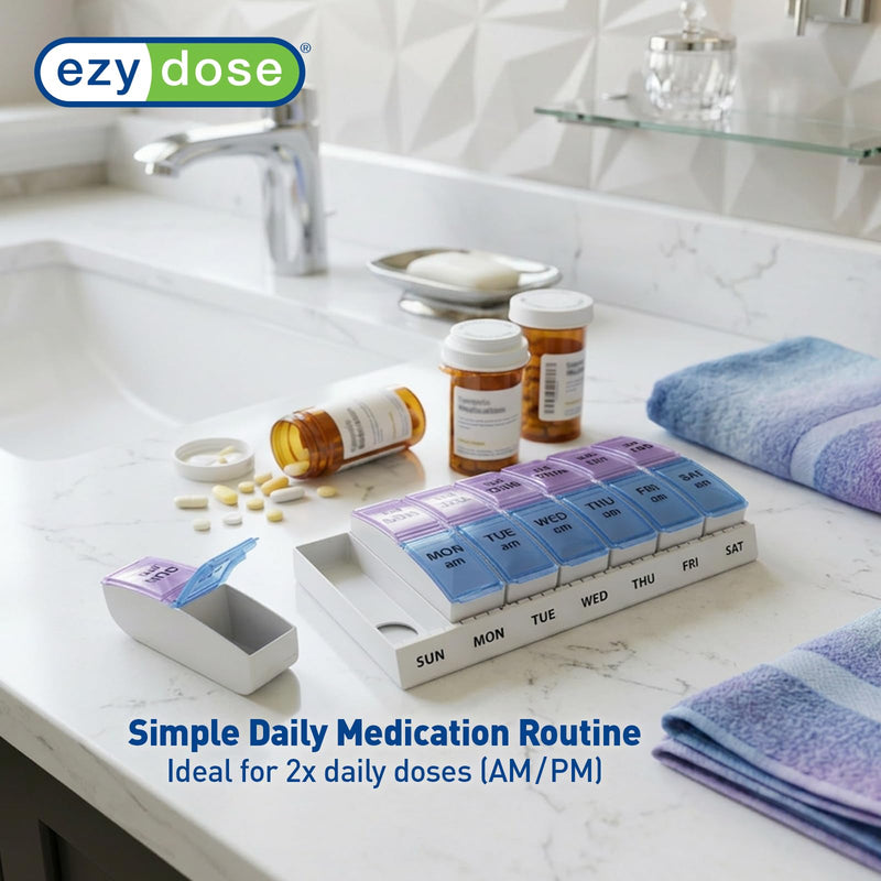 EZY DOSE Weekly AM/PM Pill Organizer, 7-Day Vitamin Container and Daily Medication Box with Large Pop-Out Compartments, 2 Times a Day Pill Holder, Blue and Purple Lids, Travel-Friendly Design
