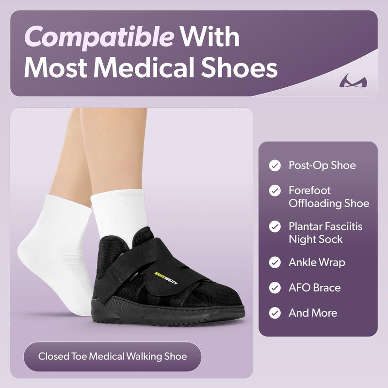 BraceAbility Post Op Shoe + Short Walking Boot Liner Socks Bundle - Orthopedic Foot Brace and Replacement Liners for Fractures, Broken Toe Recovery - Women’s Size 7.5-9.5, Men’s 6-8.5 (1 Pair Black)