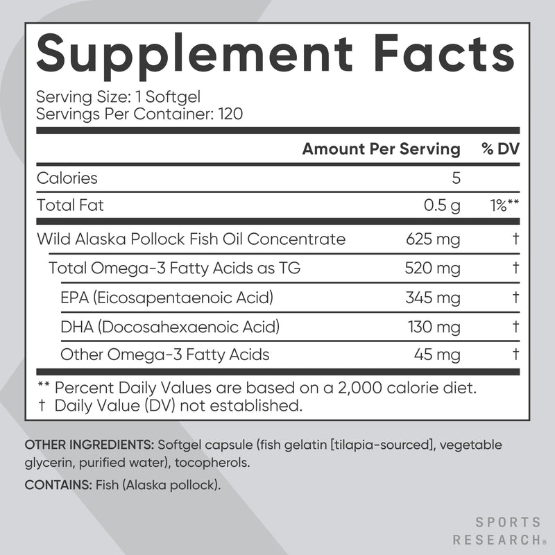 [Australia] - Sports Research Fish Oil Mini-Softgels - Easy to Swallow Omega-3 Fatty Acids from Wild Caught Alaska Pollock Supporting Brain & Heart Health - 625mg, 120 Capsules 120 Count (Pack of 1) 