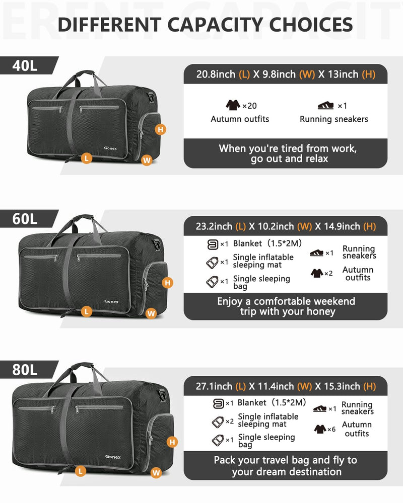Gonex 80L Foldable Travel Duffle Bag with Shoe Compartment, Lightweight | 210D Nylon, Water-Repellent, Folds Compact, Multiple Pockets, Luggage Sleeve, Weekend Trips & Camping, Grey Gray