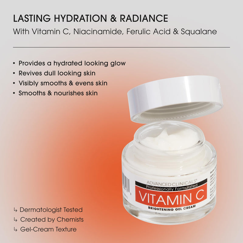 Advanced Clinicals Brightening Vitamin C Face Cream Gel With Niacinamide + Hyaluronic Acid | Vitamin C Moisturizer Lotion For Face Visibly Diminishes Look Of Dark Spots & Uneven Skin Tone, 2.5 Fl Oz Vitamin C Brightening Face Cream 2.5 Fl Oz (Pack of 1)