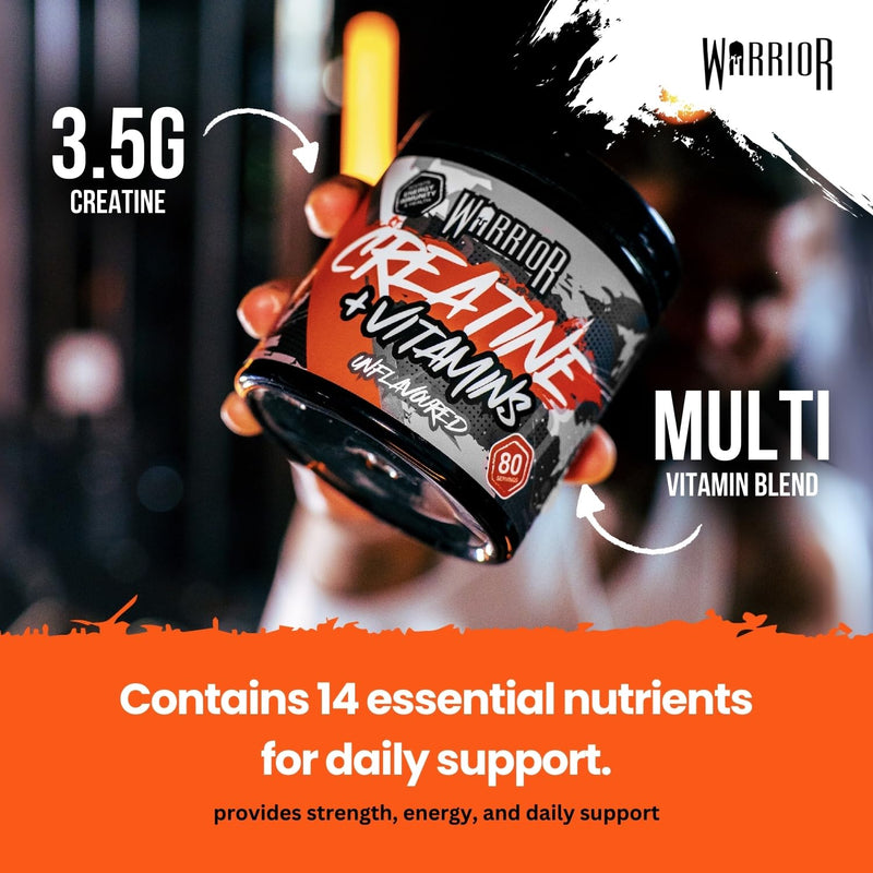Warrior Creatine Monohydrate 360g (80 Servings) – Creatine Powder + Multivitamin with Magnesium & Vitamin D – All-in-One Gym & Sports Performance Formula for Strength, Muscle & Energy – Unflavoured