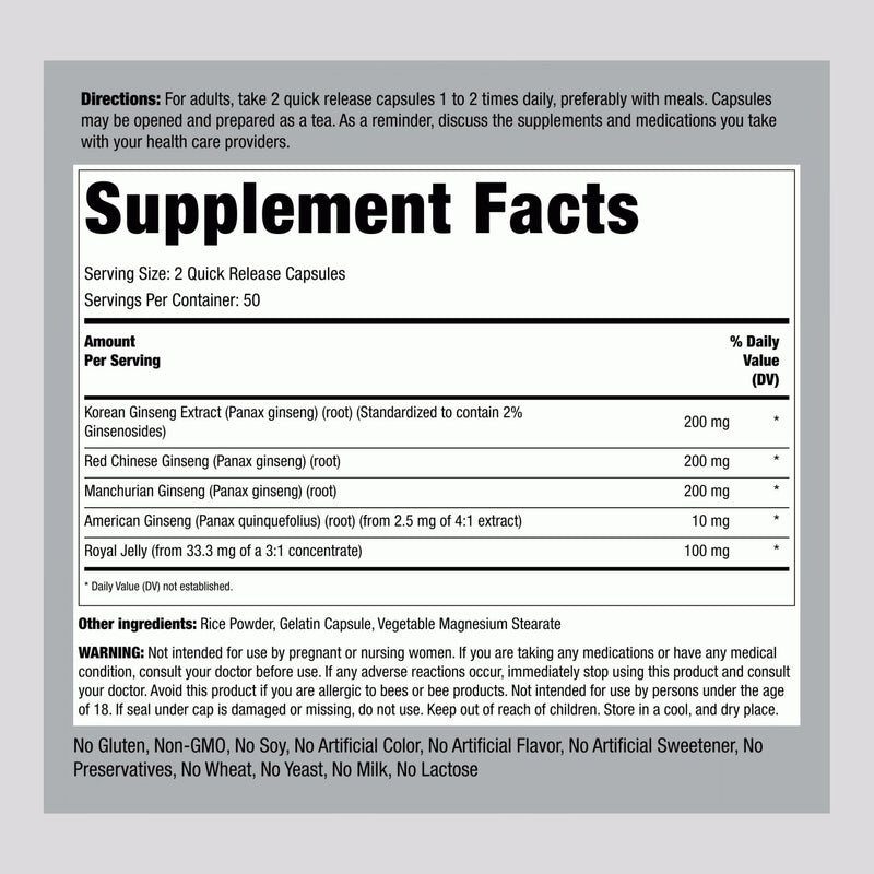 Piping Rock Ginseng Supplement | 100 Complex Capsules | with Royal Jelly | Non-GMO and Gluten Free Supplement